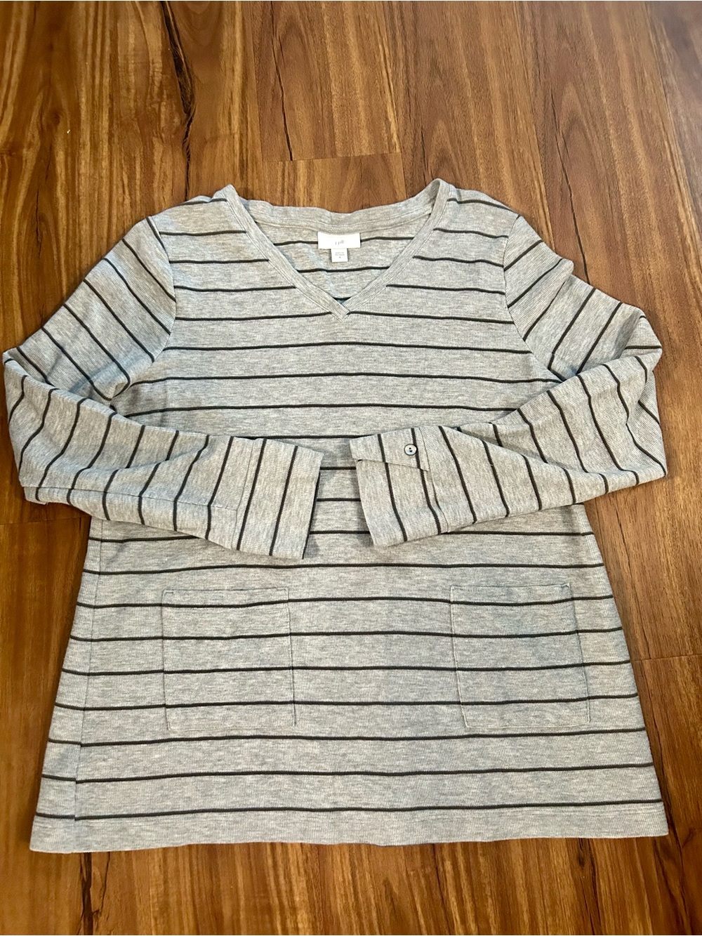 J. Jill Women's Gray Long Sleeve Ribbed Gray Striped V Neck M Casual Comfort